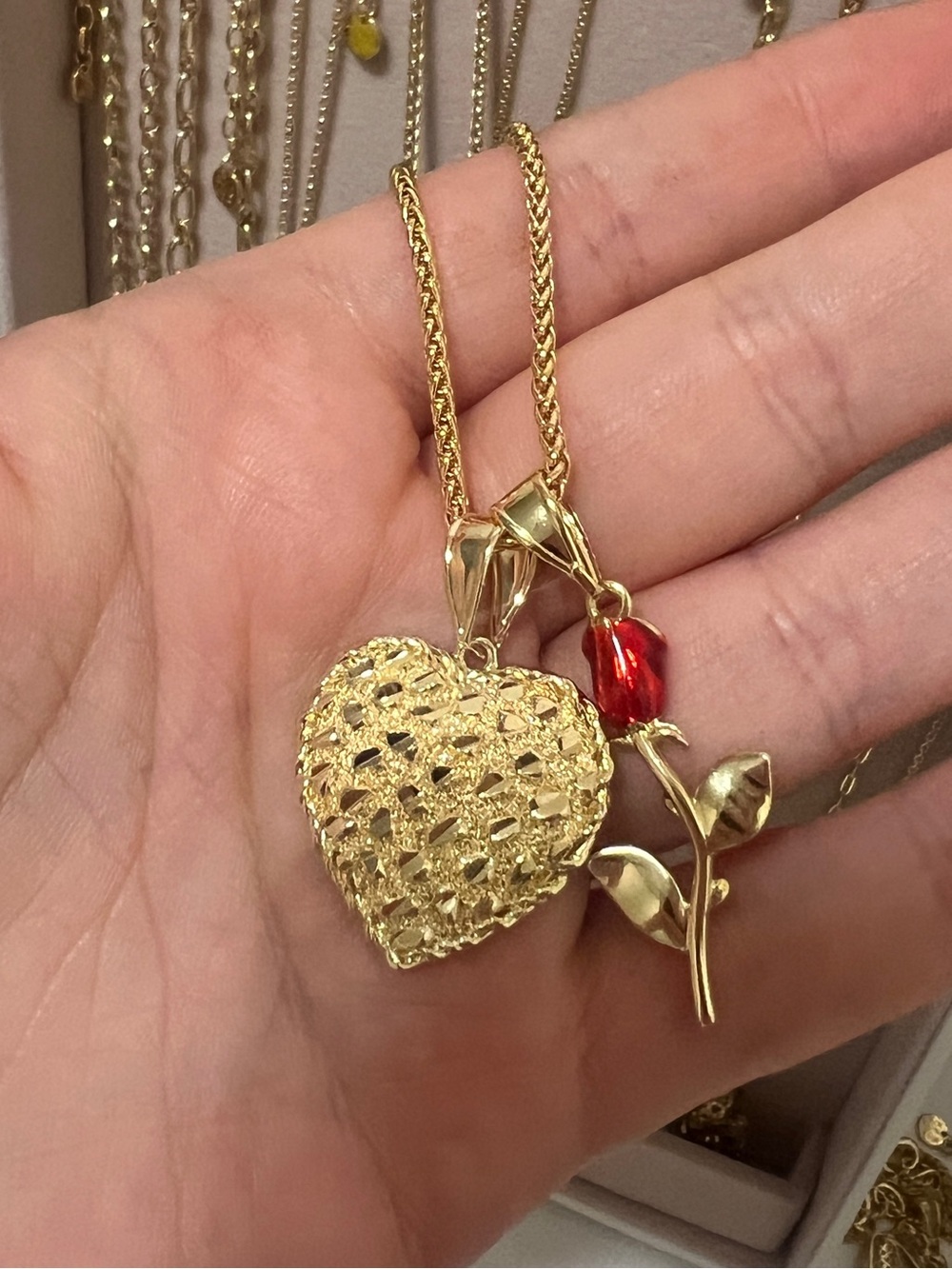 Gold Heart and Red Rose Pendant Necklace - Women Jewelry